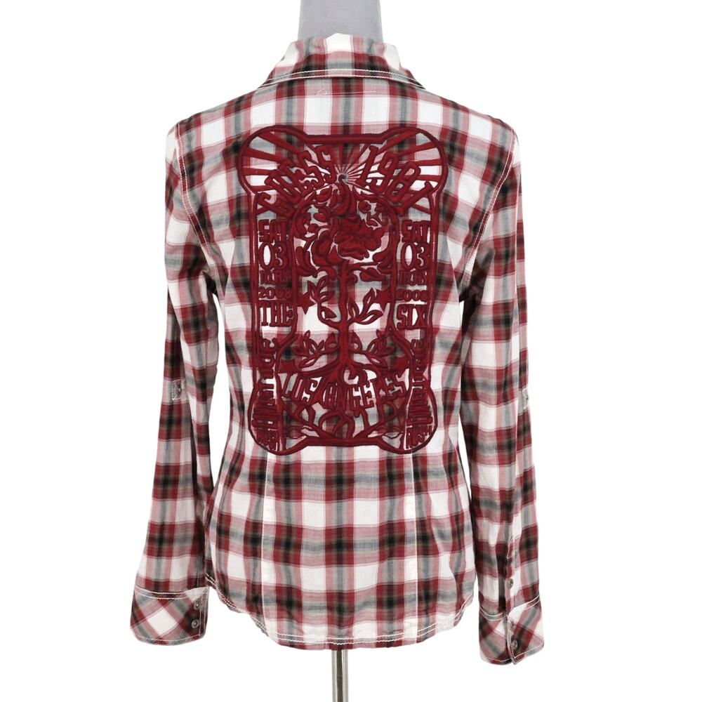 Guess Jeans Top Womens Large Red Plaid Snap Front Blouse Embroidery on Back